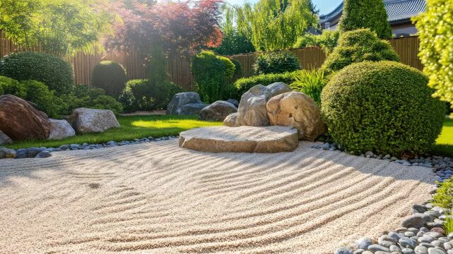 Serene Japanese rock garden with carefully raked sand, stones, and lush green foliage
