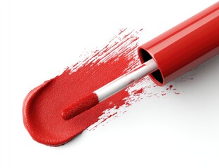 Close-up of a vibrant red lip gloss applicator with a swatch, showing texture and color intensity against a stark white background