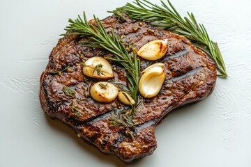 A grilled steak, richly browned with visible grill marks, rests on a white surface.  It's adorned with roasted garlic cloves and sprigs of fresh rosemary.  The meat appears juicy and tender