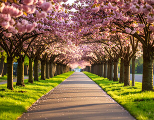 Alley Of Blooming Cherry Blossom Trees In Spring