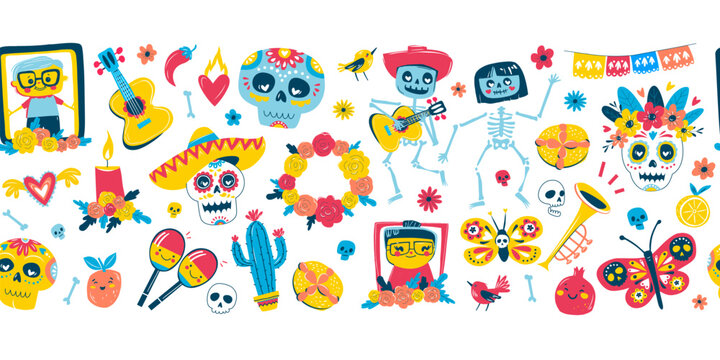 Colorful Dia de los Muertos Folk Seamless Frame Border Pattern, Sugar Skulls, Skeletons, Flowers. Mexican Day of the Dead Celebration Art, Festive Vector Illustration Design. Cute and Colorful Calaver