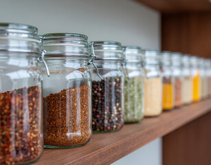Spice Jars Arranged On A Spice Rack Shelf