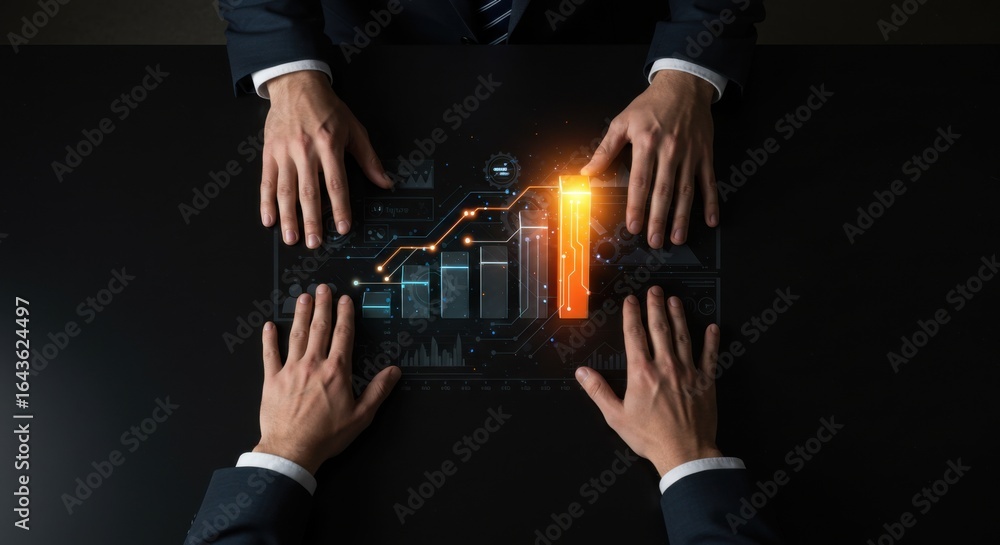 Aufkleber two men in business suits engaging with a glowing digital financial graph and data visualization on 