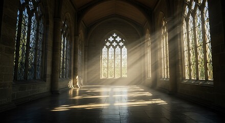 Gothic hallway with sunbeams streaming through window