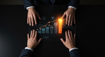 Two men in business suits engaging with a glowing digital financial graph and data visualization on a table. Global analytics concept.