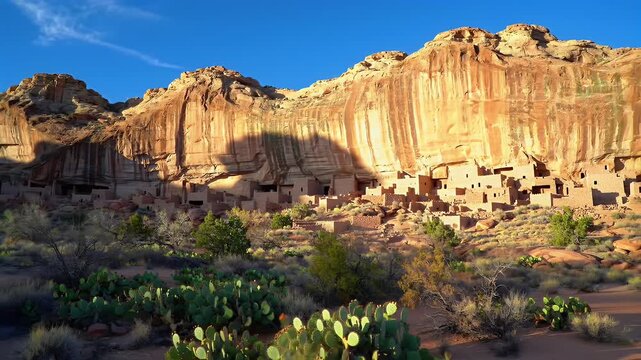 Ancient Puebloan cliff dwellings are illuminated by golden light at the base of a massive sandstone cliff.