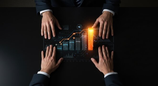 Two men in business suits engaging with a glowing digital financial graph and data visualization on a table. Global analytics concept.