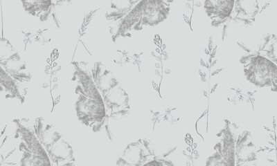Seamless floral pattern. Burdock leaves and wildflowers on a gray background. It can be used to create wallpaper, packaging, and fabrics.