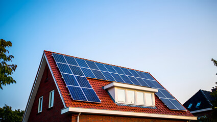 Fototapeta premium Modern Solar Panels on the Red Tiled Roof of a Brick House on a Sunny Day