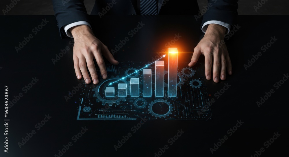 Poster man showing virtual bar graph with increasing sales and a glowing top bar, symbolizing successful bu