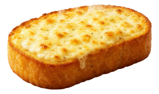 Cheesy garlic bread, steam escaping from the melted cheese surface.