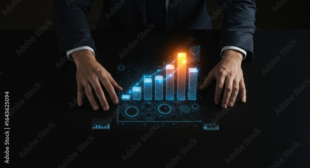 Aufkleber man in suit with virtual financial projection. business growth chart on dark table. digital data ana