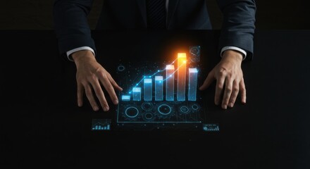 Man in suit with virtual financial projection. Business growth chart on dark table. Digital data analysis concept for marketing.
