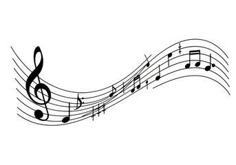 Musical notes and treble clef on a wavy staff, isolated on transparent background