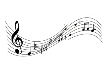 Musical notes and treble clef on a wavy staff, isolated on transparent background