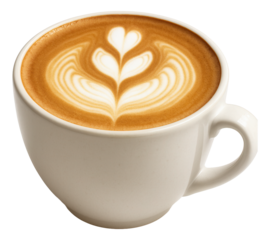 A ceramic cup of cappuccino with milk foam shaped into a tulip pattern.