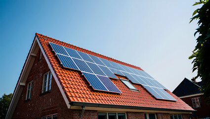 Fototapeta premium Modern Solar Panels on the Red Tiled Roof of a Brick House on a Sunny Day