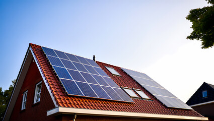 Fototapeta premium Modern Solar Panels on the Red Tiled Roof of a Brick House on a Sunny Day