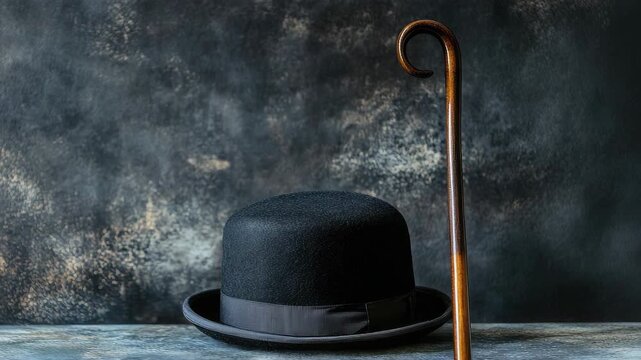 Black bowler hat and wooden cane on textured surface