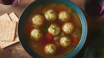 Delicious Matzah Ball Soup Bowl Overhead Shot