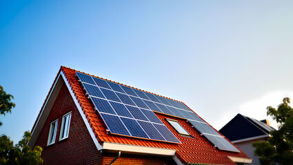 Fototapeta premium Modern Solar Panels on the Red Tiled Roof of a Brick House on a Sunny Day