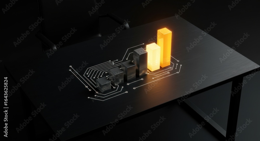 Aufkleber business bar graph with circuit lines on a desk. data visualization concept for financial growth and