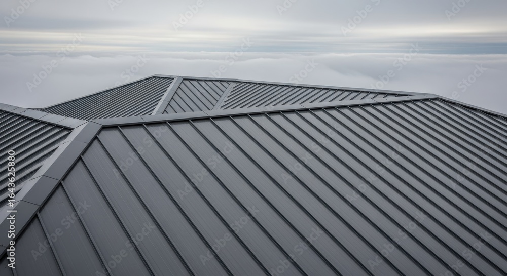 Poster overhead view of angular metal roofing complementing soft gray clouds