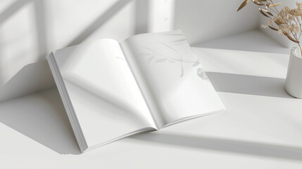 Open blank A4 magazine mockup with natural shadows and vase
