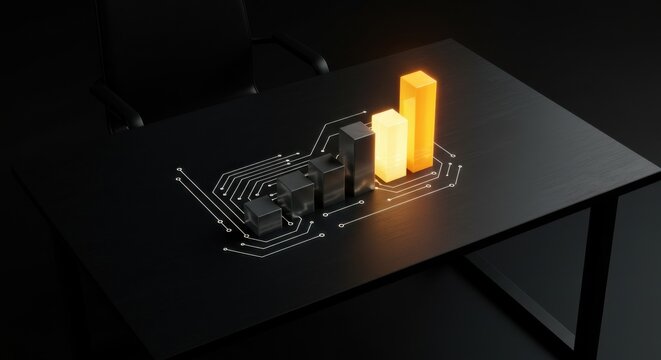 Business bar graph with circuit lines on a desk. Data visualization concept for financial growth and technological innovation.