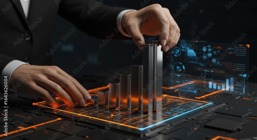 Fototapete man building a 3d bar graph. business growth and investment concept. data analytics and finance visu