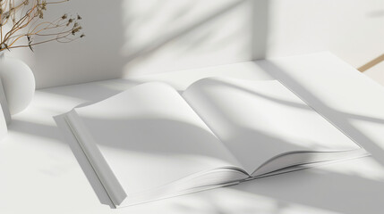 Open blank A4 magazine mockup with natural shadows and vase