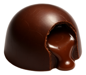 A chocolate bonbon with a small piece missing, highlighting hairline cracks on the smooth shell.