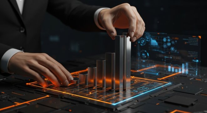 Man building a 3D bar graph. Business growth and investment concept. Data analytics and finance visualization with glow lines.