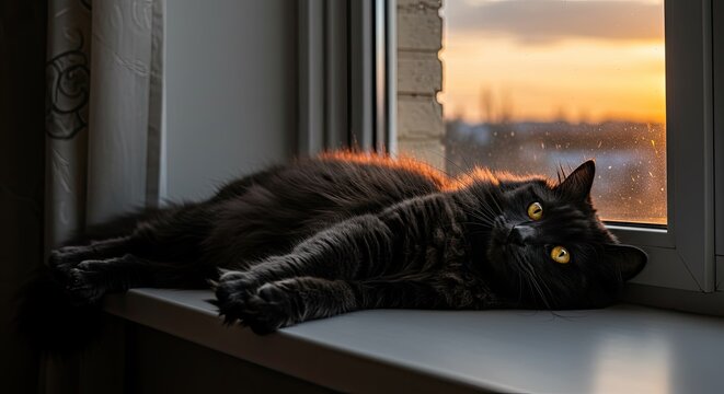 Fluffy Black Cat Lounging on Windowsill Bathed in Golden Sunset Light - Powered by Adobe
