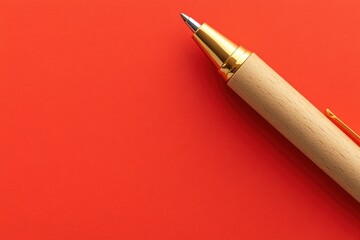 Light wood ballpoint pen with gold accents rests diagonally on a vibrant red background, leaving ample negative space