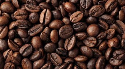 Fototapeta premium Close-up of numerous dark brown roasted coffee beans, filling the frame, showing rich texture and subtle variations in shade and shape
