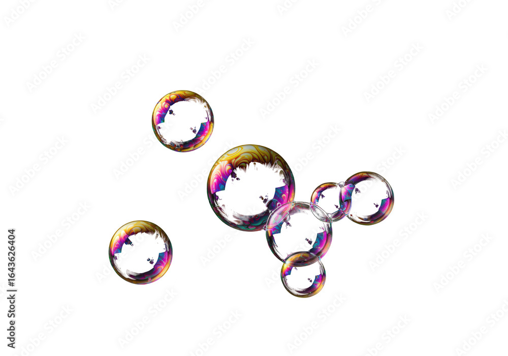 Poster iridescent soap bubbles floating isolated on transparent background