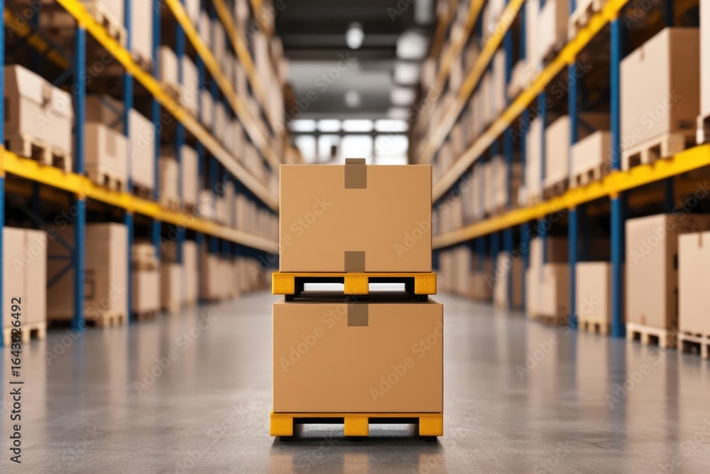 Aufkleber cargo management tracking optimization. warehouse interior with automated shelving adjusting in real