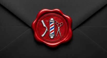 Elegant barber shop invitation with red wax seal on black envelope for a modern barbershop brand