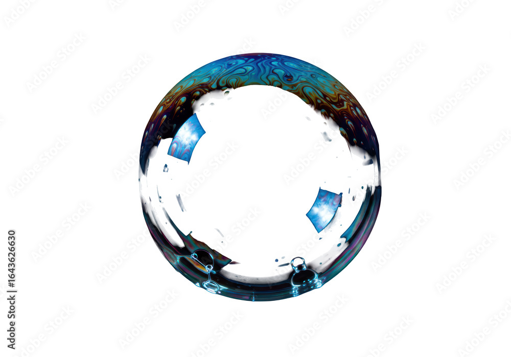 Poster clear soap bubble with blue and colorful reflections isolated on transparent background