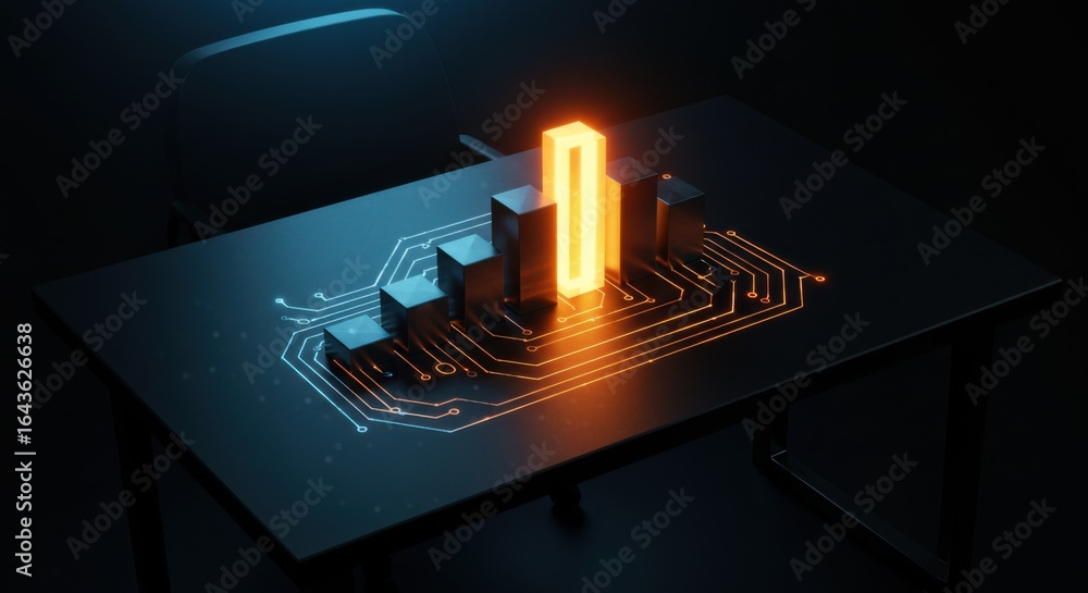 Poster digital bar chart with glowing orange bar on circuit board background. business growth and success c