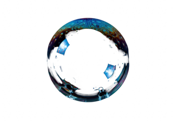Clear soap bubble with blue and colorful reflections isolated on transparent background