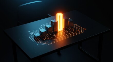 Digital bar chart with glowing orange bar on circuit board background. Business growth and success concept for financial data analysis.