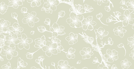 Sakura blossom print pattern background in provance style, floral background. Pastel tones vintage style wallpaper in vector.