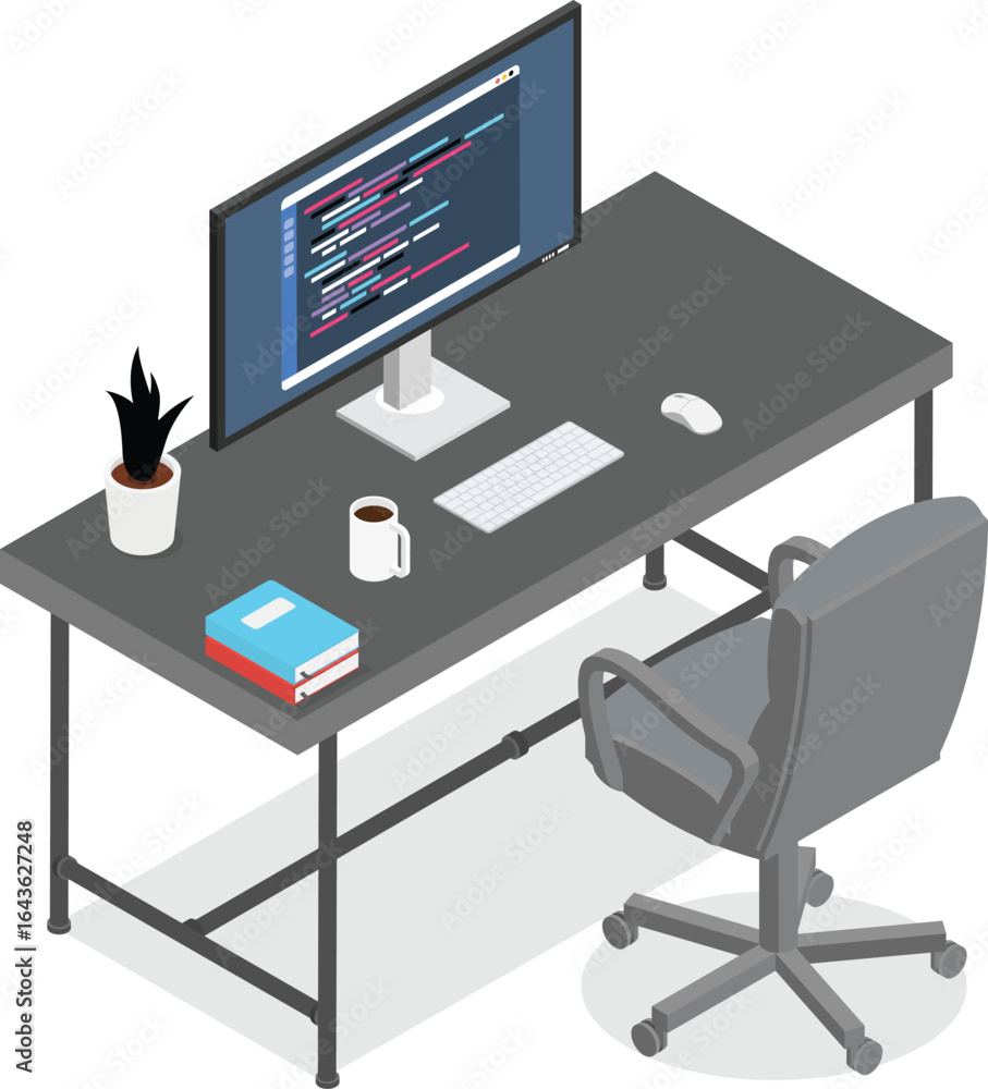 Poster an isometric illustration depicts a desk with a computer displaying code, a keyboard, a mouse, a pla