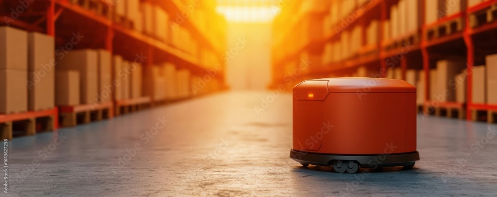 Poster cargo management tracking network. autonomous robots moving cargo in a warehouse while tracking upda
