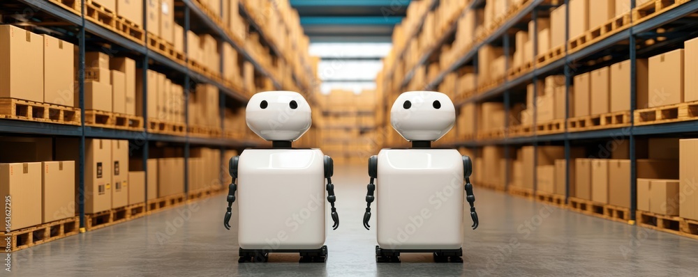 Poster cargo management tracking network. autonomous robots moving cargo in a warehouse while tracking upda