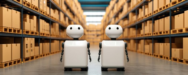 cargo management tracking network. Autonomous robots moving cargo in a warehouse while tracking updates sync across a global network