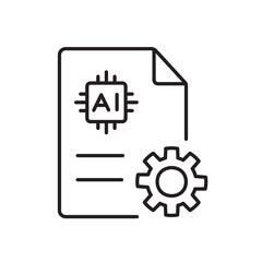 A vector icon of a document with a gear and AI chip, representing automated billing processes powered by artificial intelligence, created in line style with editable stroke