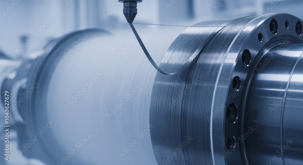Poster side view of a rotating mandrel being gradually coated with composite fibers during cryogenic tank f